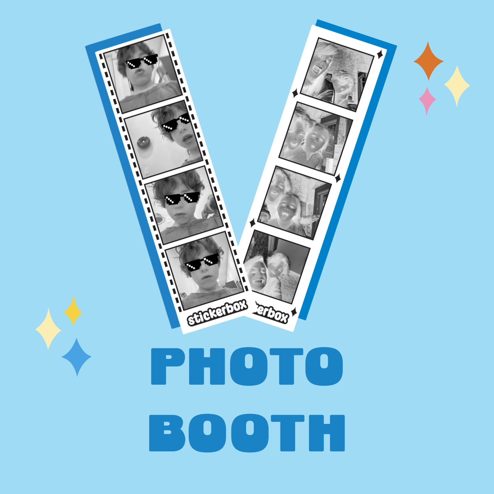 Photo Booth: two black-and-white photo strips printed by Stickerbox on a blue tile