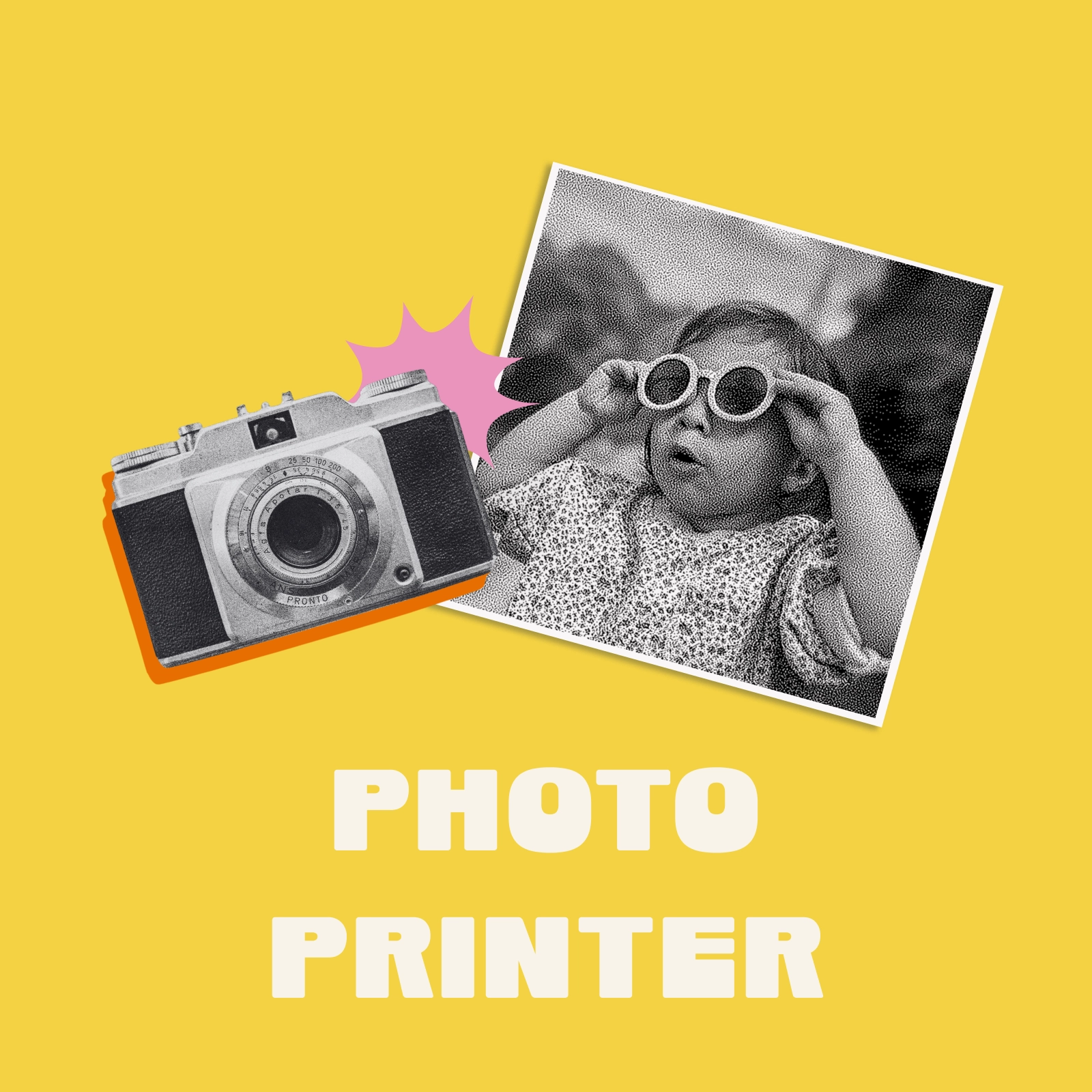 Photo Printer: a vintage camera and a black-and-white print of a child in sunglasses on a yellow tile