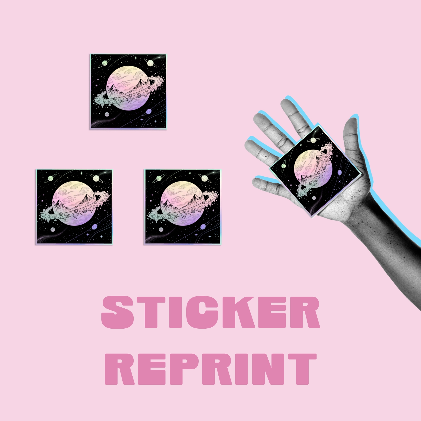Sticker Reprint: the same planet sticker printed four times, one held in a hand, on a pink tile