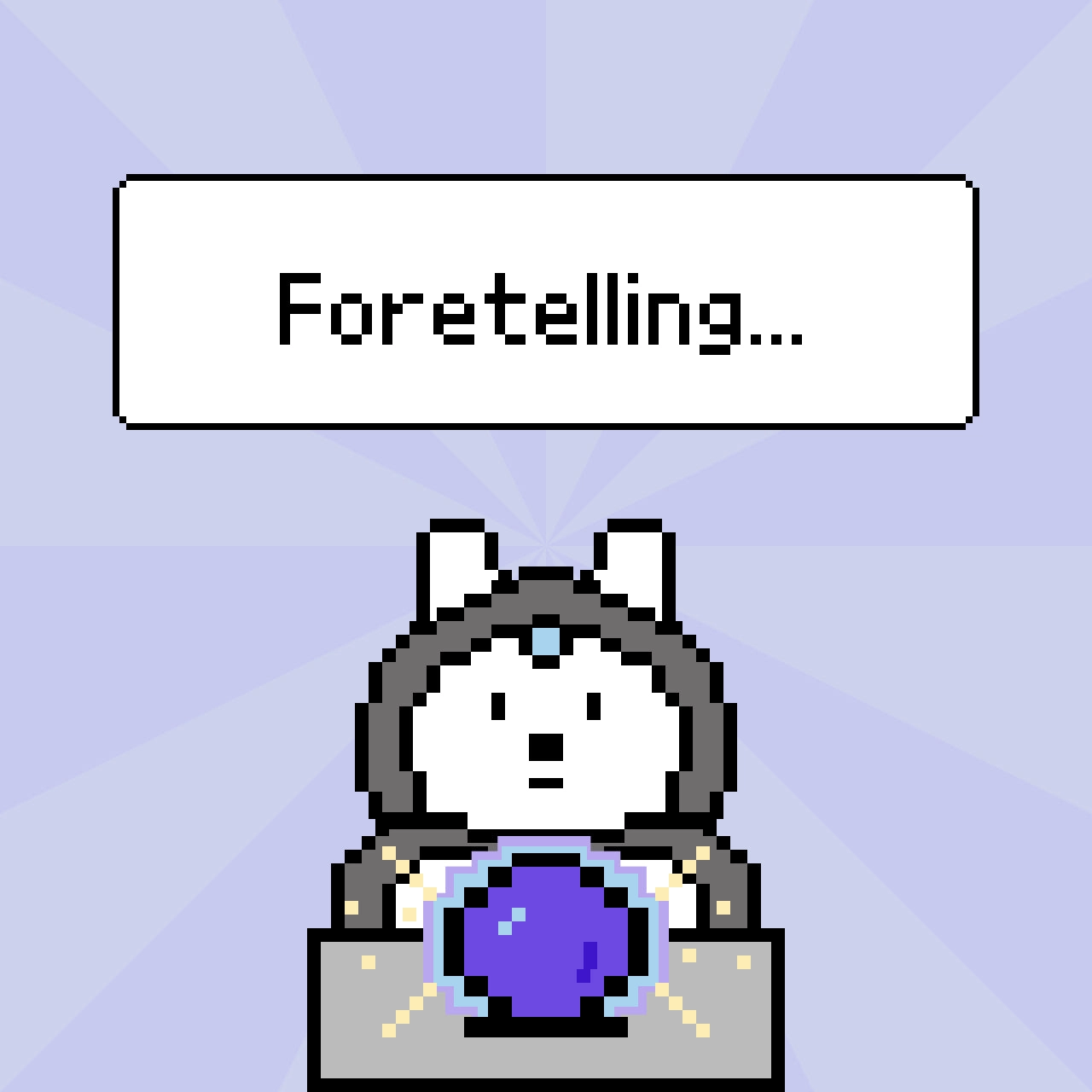 Stickerbox screen in Fortune Teller mode: a pixel bunny over a crystal ball under the word Foretelling