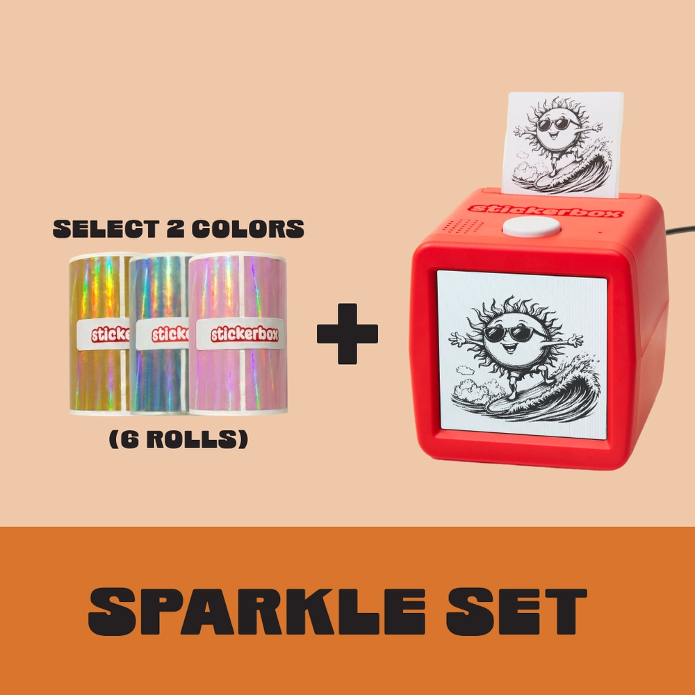 Sparkle Set: select 2 colors of holographic paper, 6 rolls, plus a Stickerbox