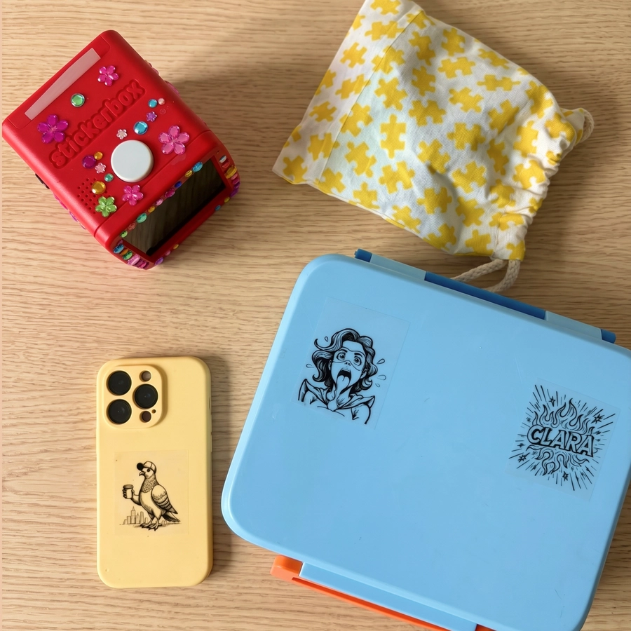 Stickers stuck on a red Stickerbox, a phone case, a pouch and a blue lunchbox